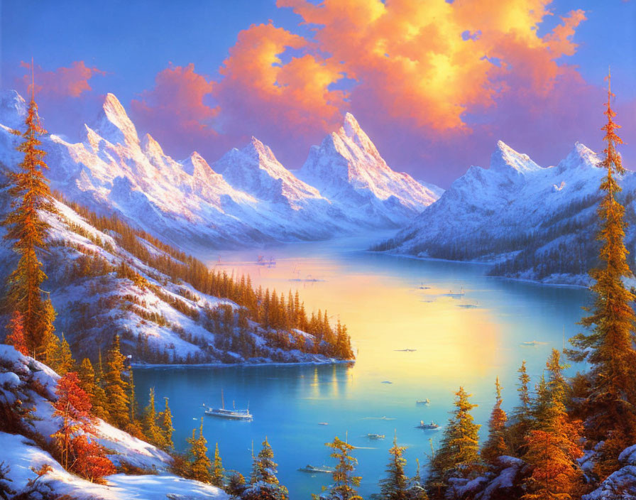 Scenic landscape painting: snowy mountains, autumn forest, sunset sky.