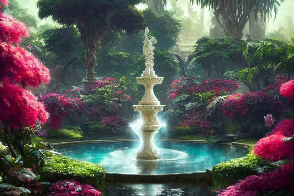 Classic Fountain Surrounded by Pink Blossoms in Enchanting Garden