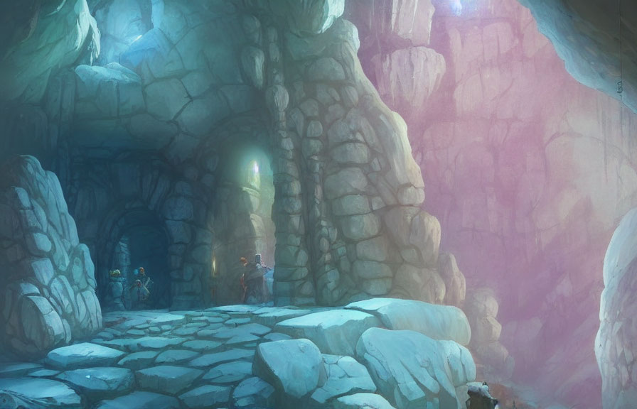 Ethereal underground cavern with adventurers and glowing crystals.