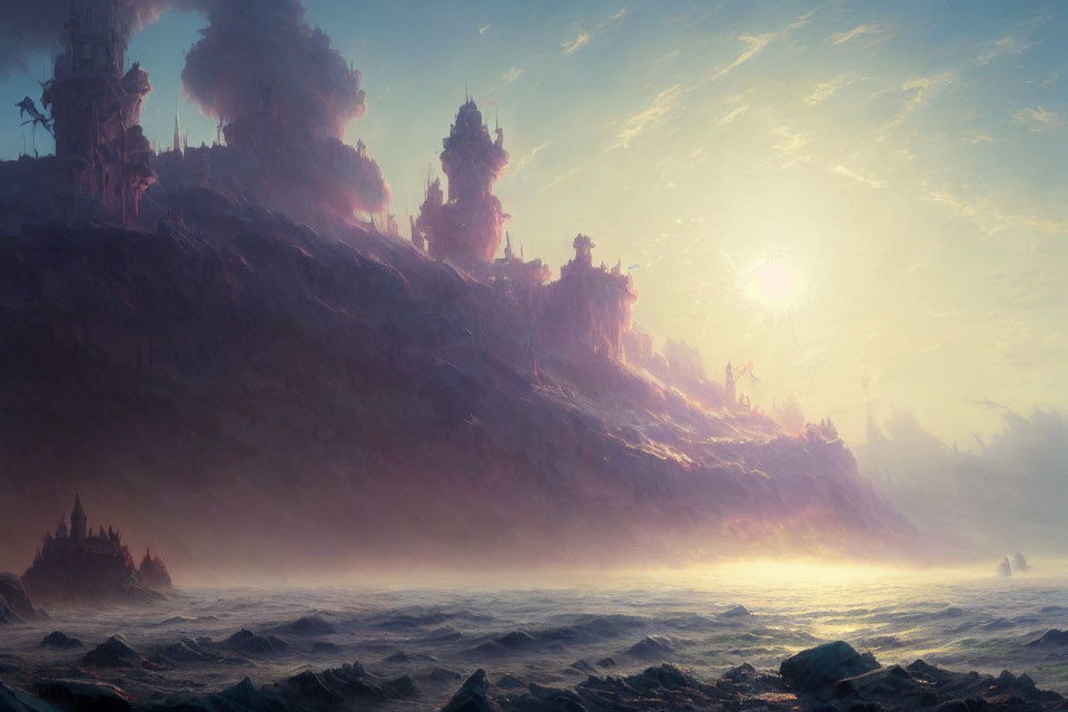 Misty oceanic sunrise with rocky cliffs and castle-like structures