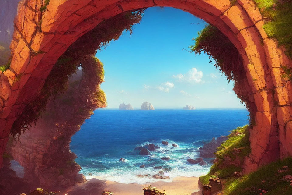 Scenic sea view through stone archway with greenery under blue sky