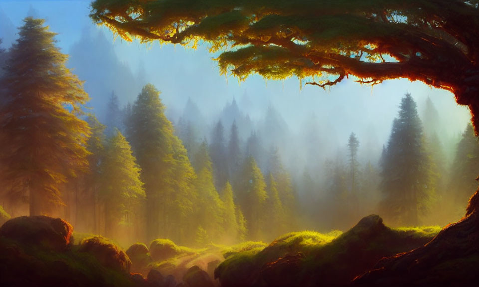 Tranquil Forest Scene with Sunbeams and Mossy Tree Branch