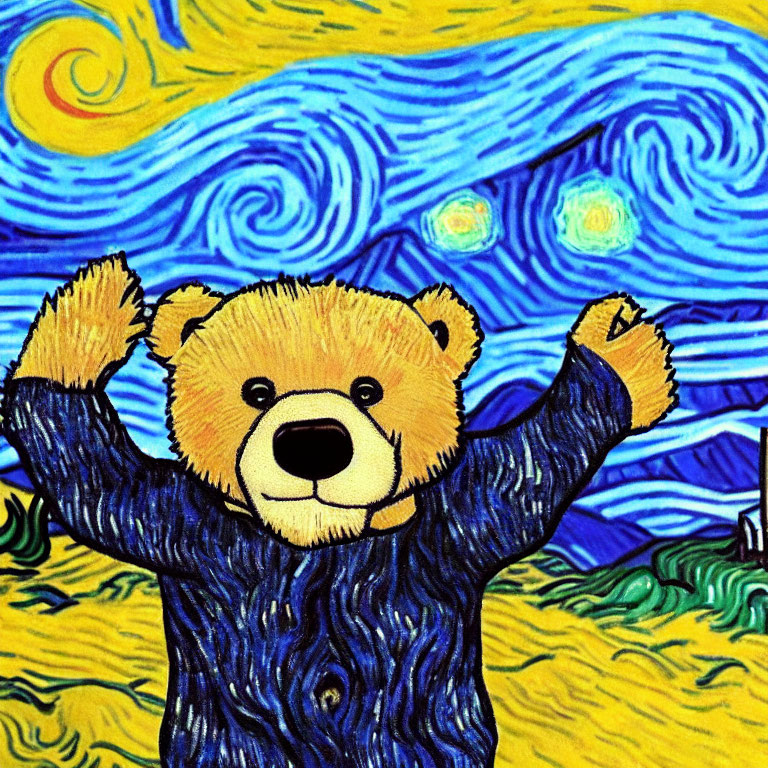 Cartoon bear on Van Gogh's Starry Night background