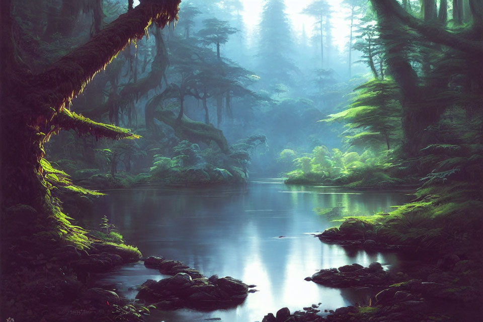 Tranquil forest with moss-covered trees and serene river