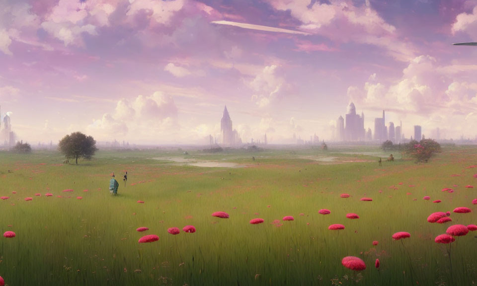 Expansive meadow with pink flowers and distant futuristic cityscapes