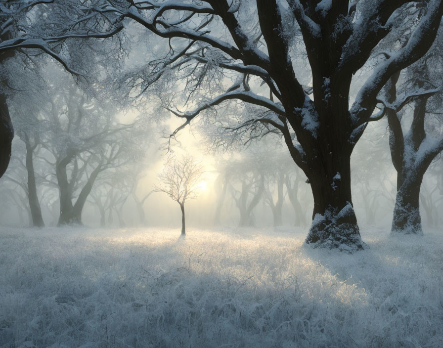 Snow-covered trees in misty winter forest with soft sunlight.