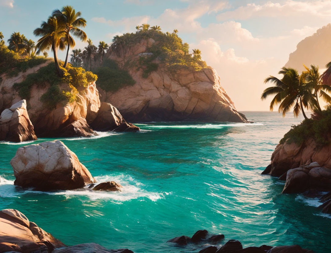 Scenic tropical cove with turquoise waters and palm trees at sunrise or sunset