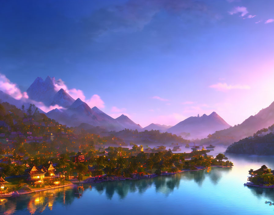 Serene lakeside village digital artwork at dawn