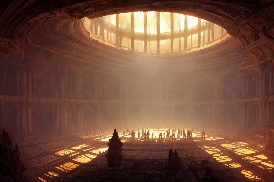 Digitally-rendered ancient circular hall with figures under light rays