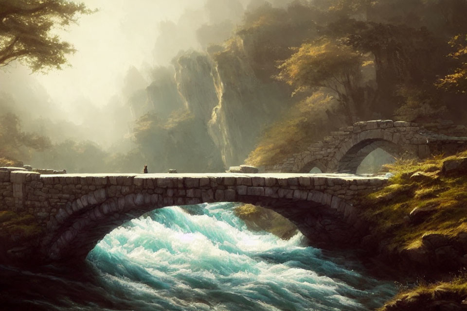 Stone bridge over foamy river, cliffs, and figure in misty landscape