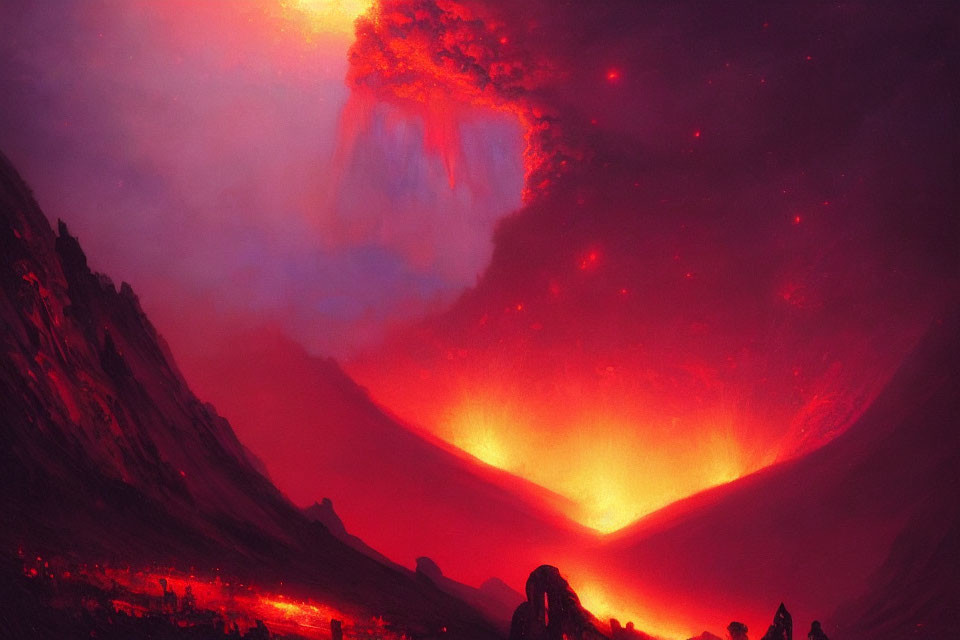 Vivid volcanic landscape with red sky, lava flows, and ash clouds