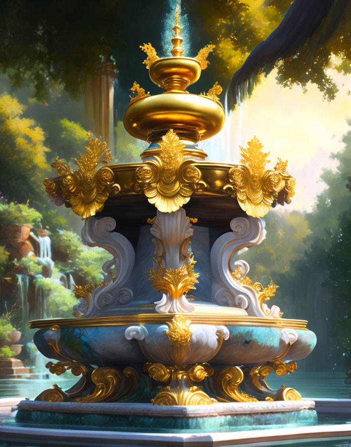 Baroque golden fountain in serene forest setting