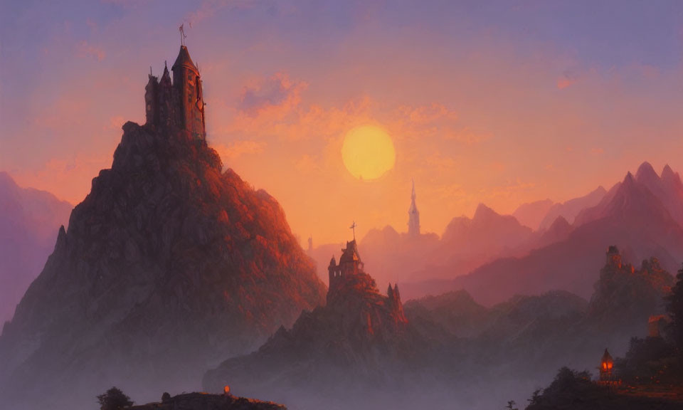 Fantasy sunset landscape with castle on mountain and rugged hills