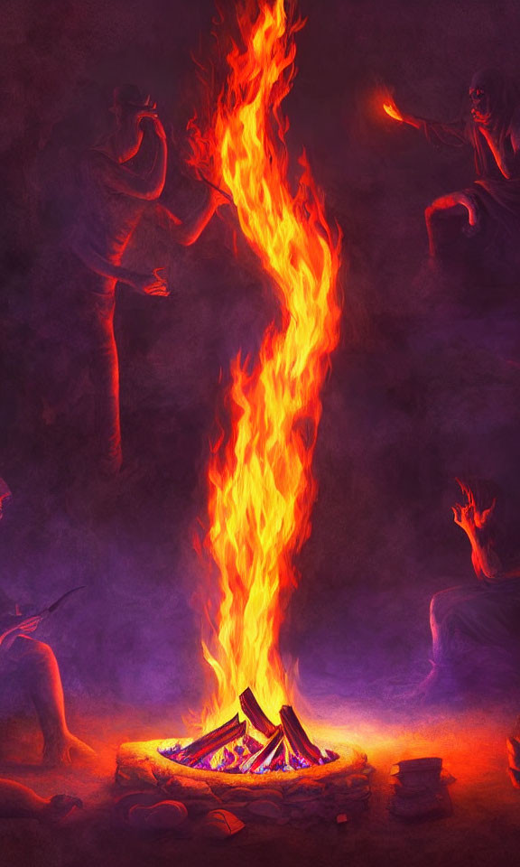 Illustration of shadowy figures around bonfire with central flame on purple background