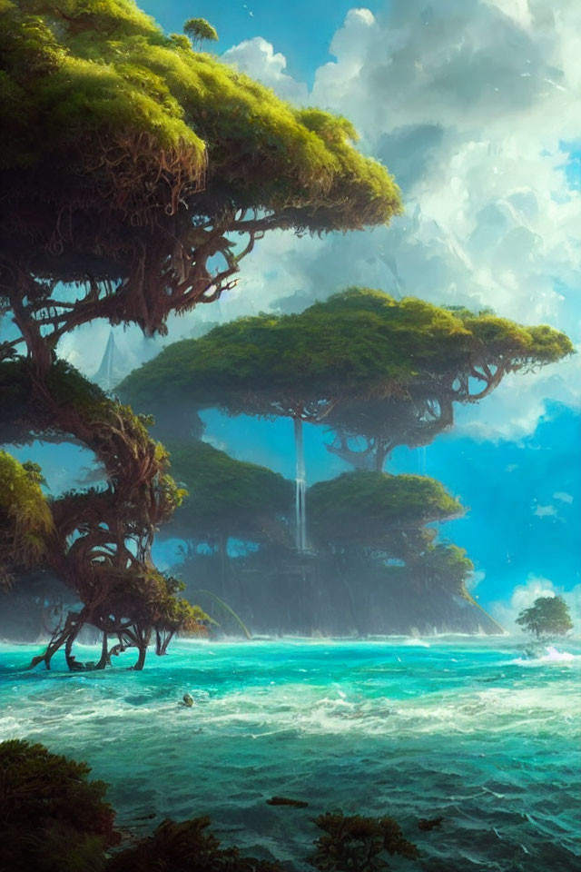 Towering trees, turquoise sea, and waterfall under bright sky