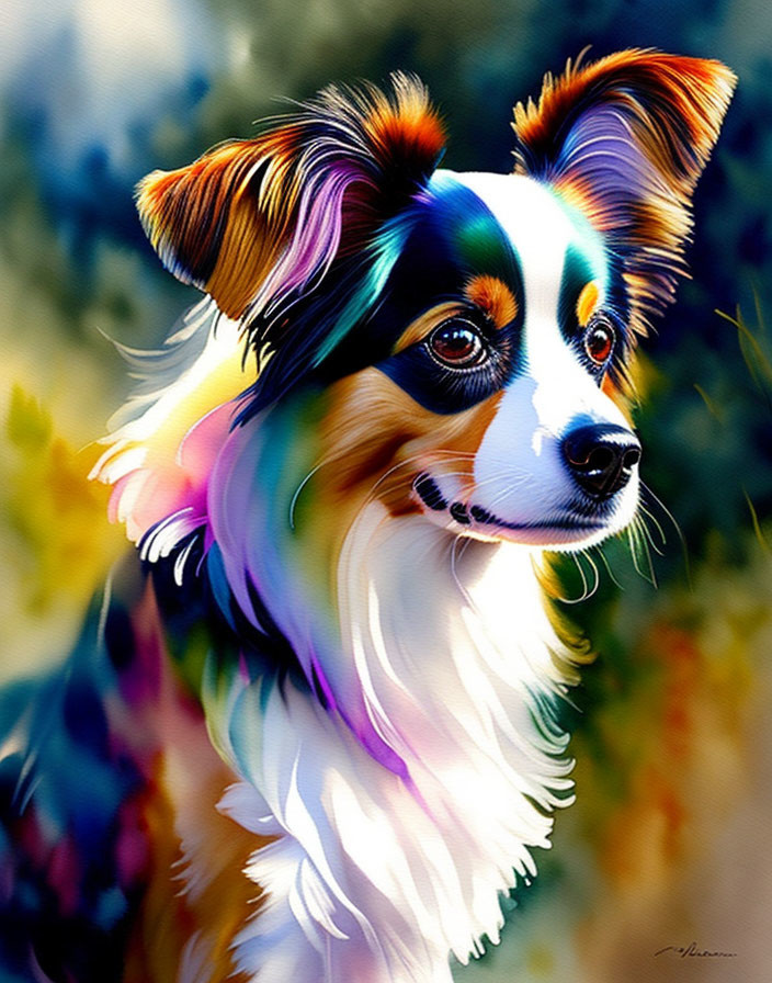 Colorful digital artwork of expressive dog with multicolored coat against soft natural backdrop