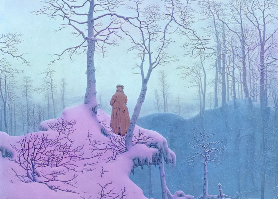 Solitary figure in orange cloak on snowy cliff with bare trees