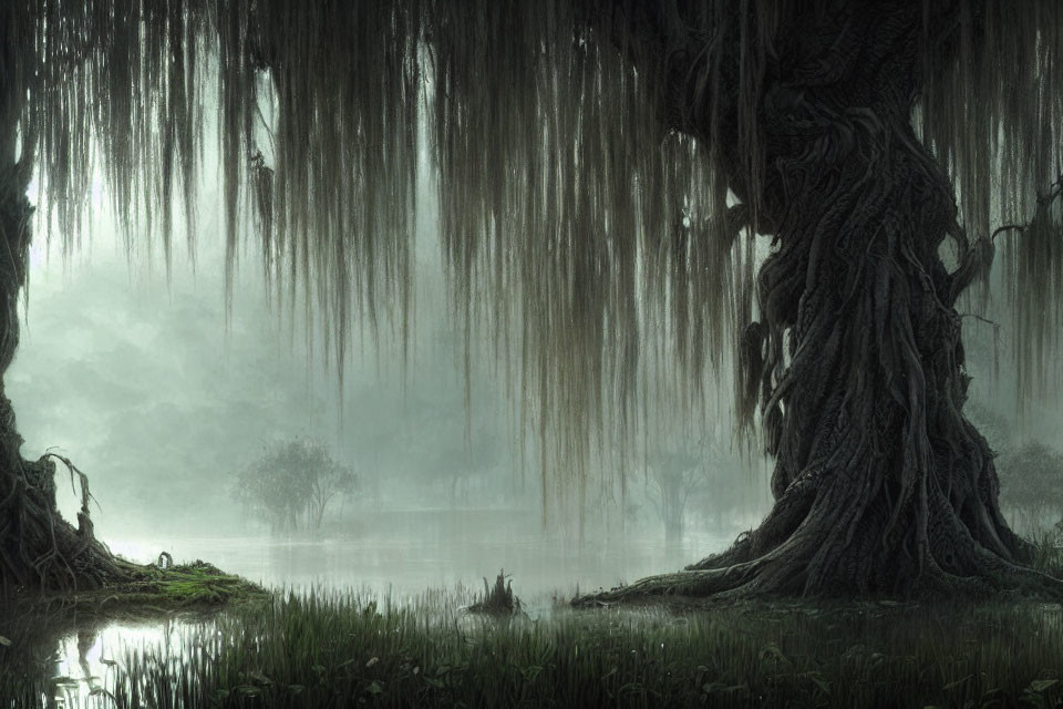 Ethereal swamp scene with twisted tree, hanging moss, misty backdrop, and small figure