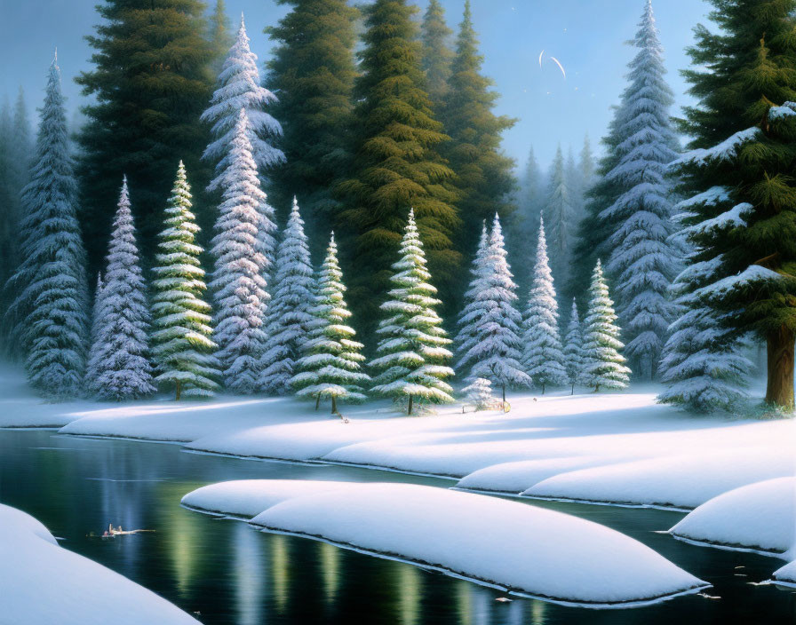 Winter scene: Snow-covered evergreen trees by serene river under twilight sky.