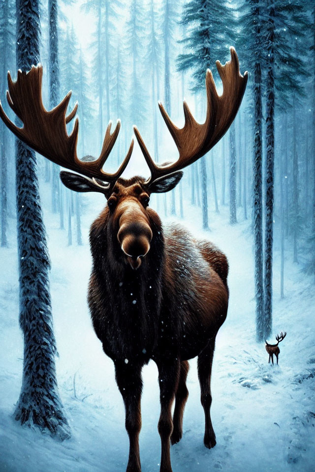 Large moose with antlers in snowy forest, tiny figure mimics stance