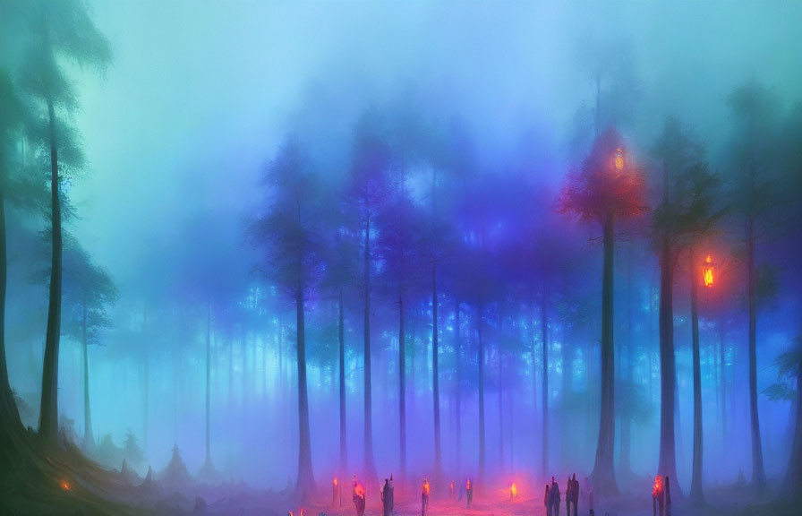 Mystical forest scene with tall trees in fog and ethereal lights