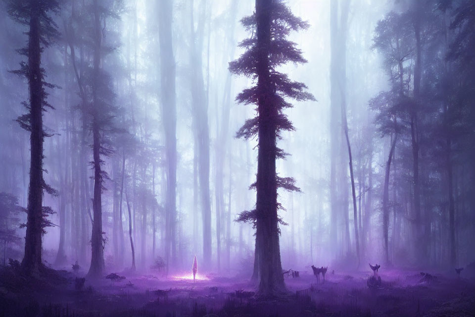 Enchanting forest scene with tall trees, purple mist, and distant figure.