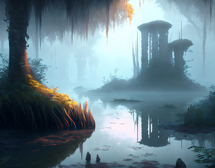 Tranquil swamp scene with moss-covered trees and ancient ruins