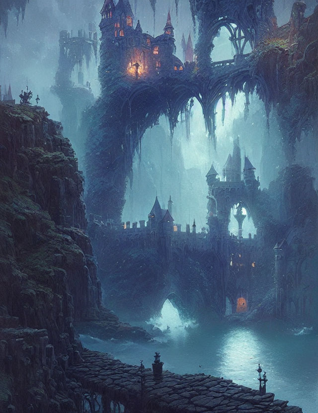 Mystical gothic castle on towering cliffs at dusk