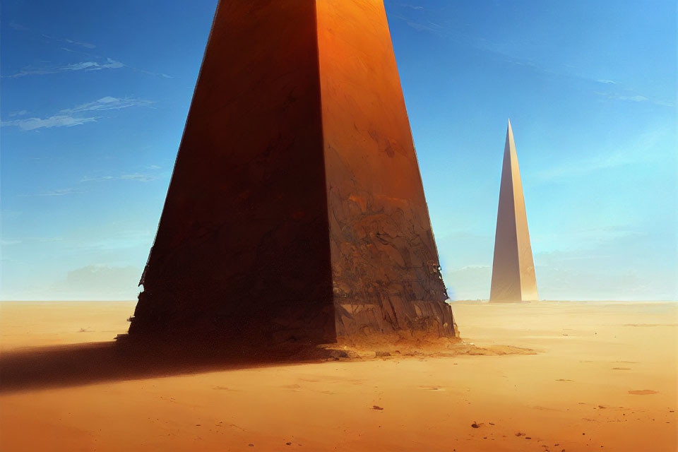 Colossal monoliths in vast desert under clear sky