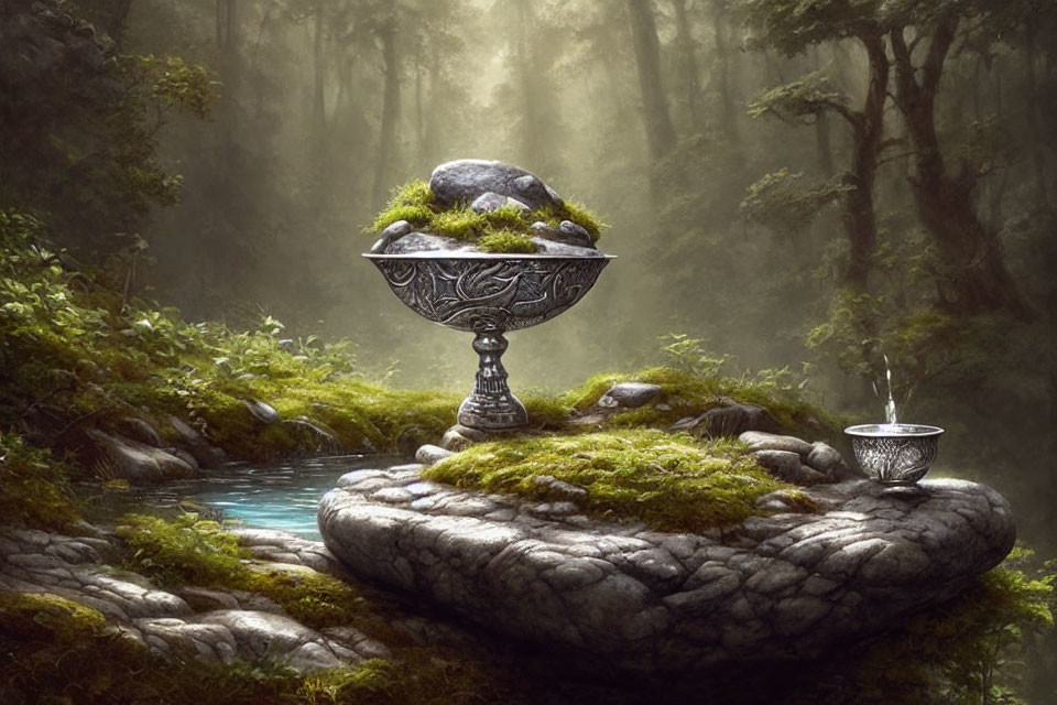 Ornate chalice overflowing with water on moss-covered rock in mystical forest