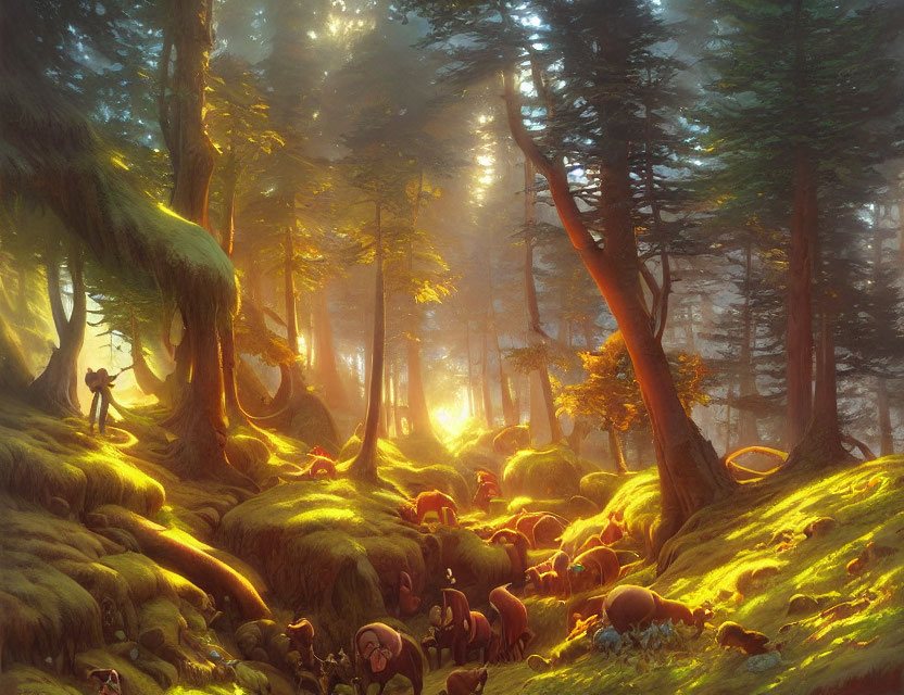 Sunlit forest with lush greenery and lone figure in ethereal light