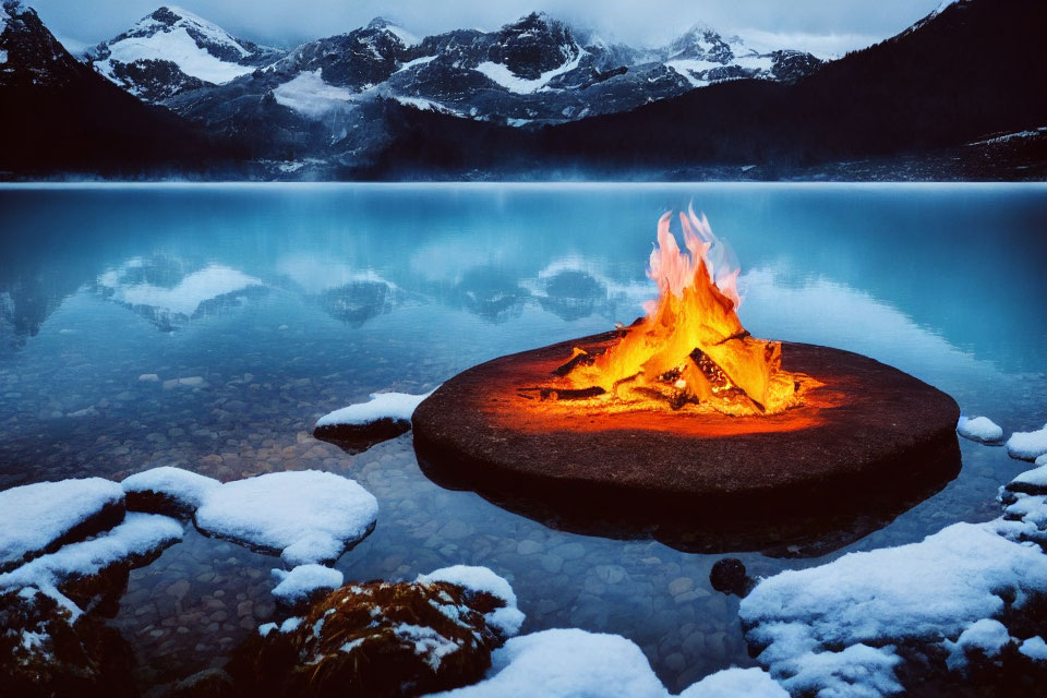 Tranquil mountain lake with campfire on stone platform