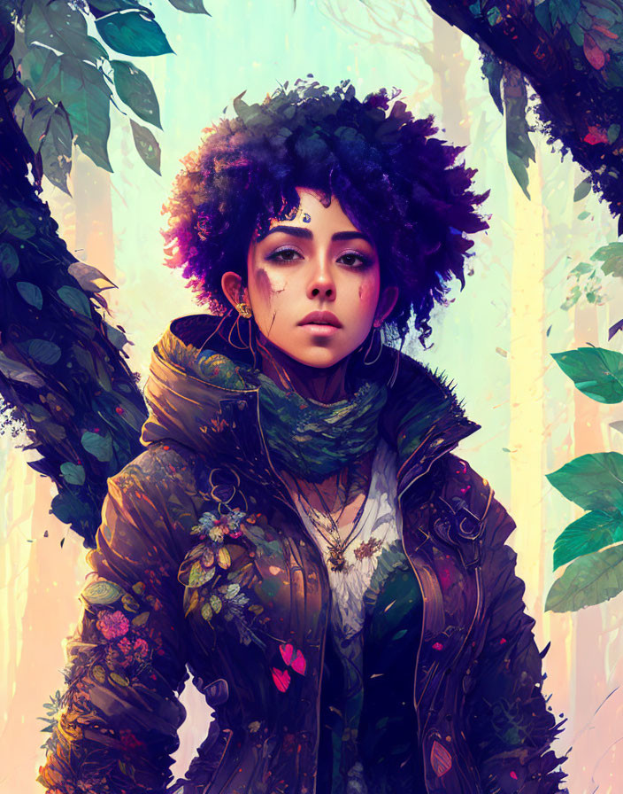 Digital artwork of woman with curly afro in purple tones, detailed attire, set in colorful forest.