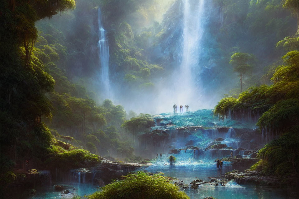 Group of people at misty waterfall in lush greenery