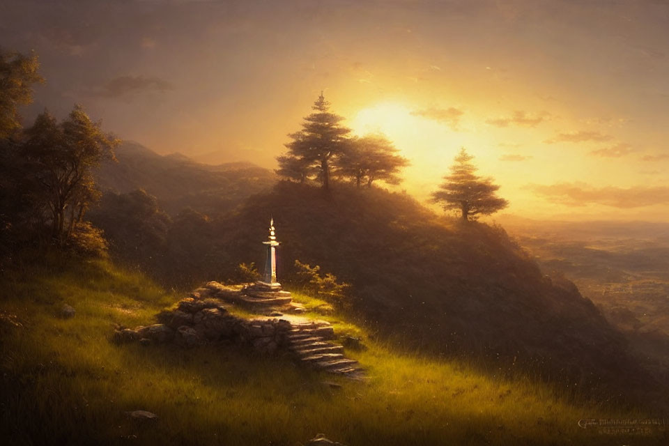 Tranquil sunset landscape with ancient sword in stone, stone steps, hills, and trees