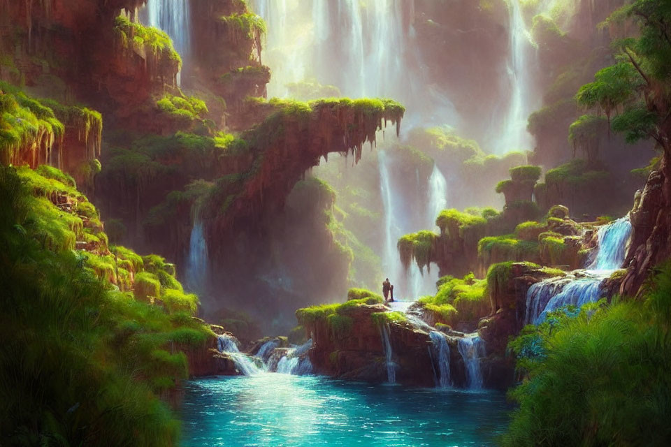 Tranquil landscape with lush greenery, waterfalls, and figure by blue pond