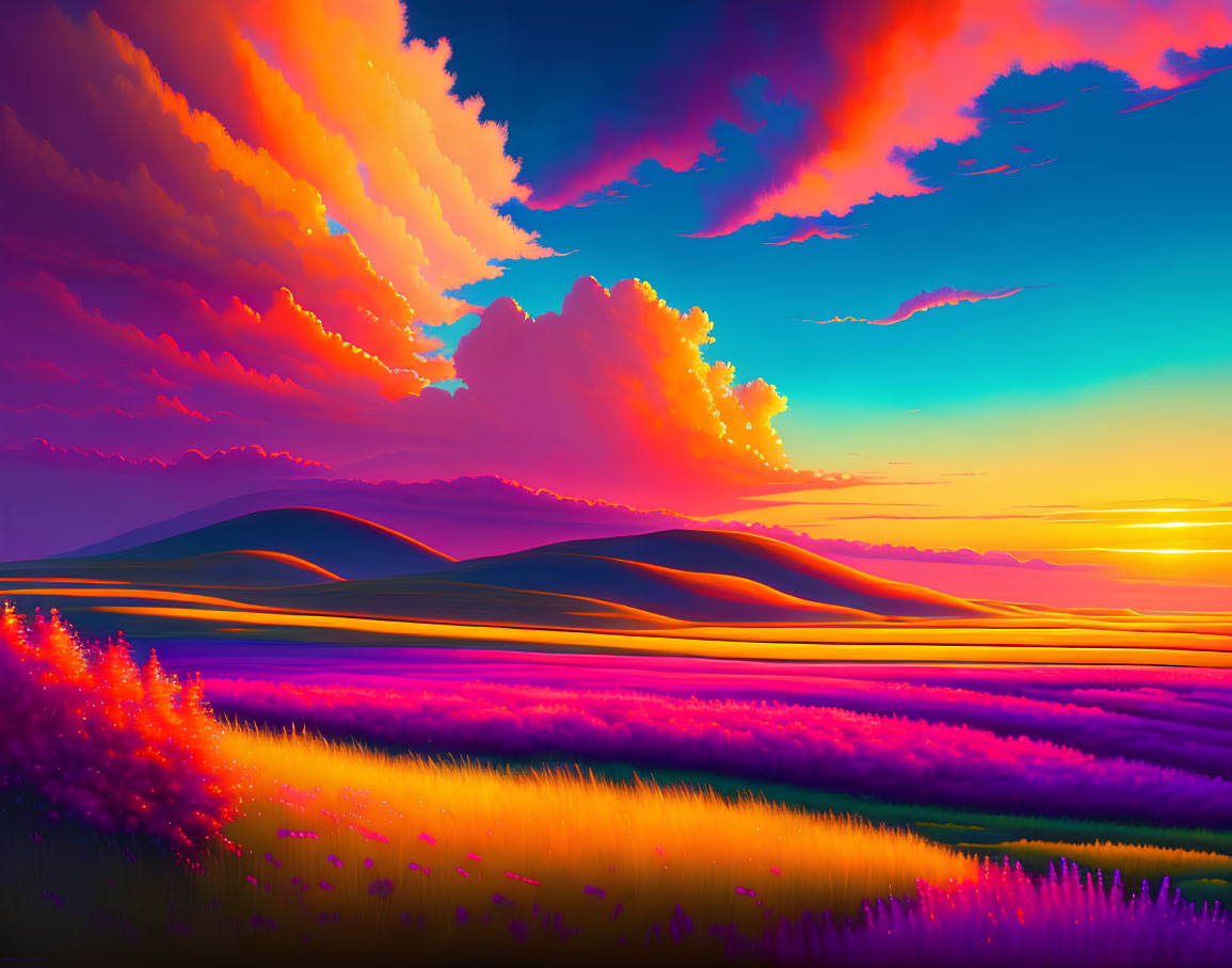 Colorful surreal landscape with rolling hills and radiant sunset sky.