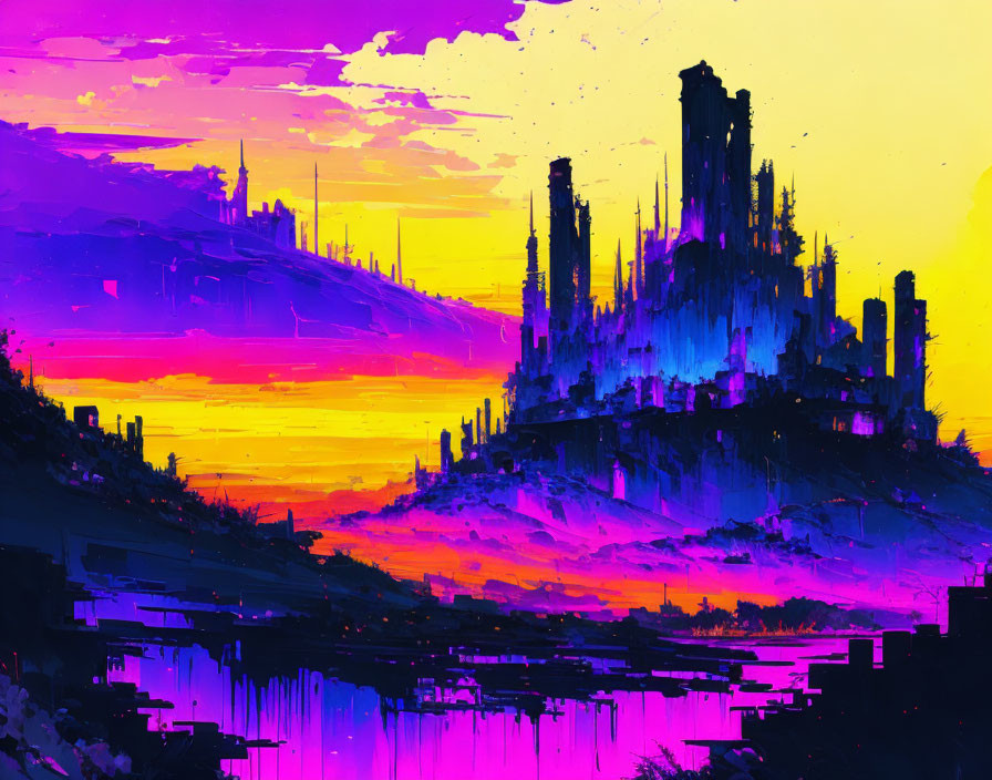 Futuristic cityscape digital artwork with vibrant sunset colors