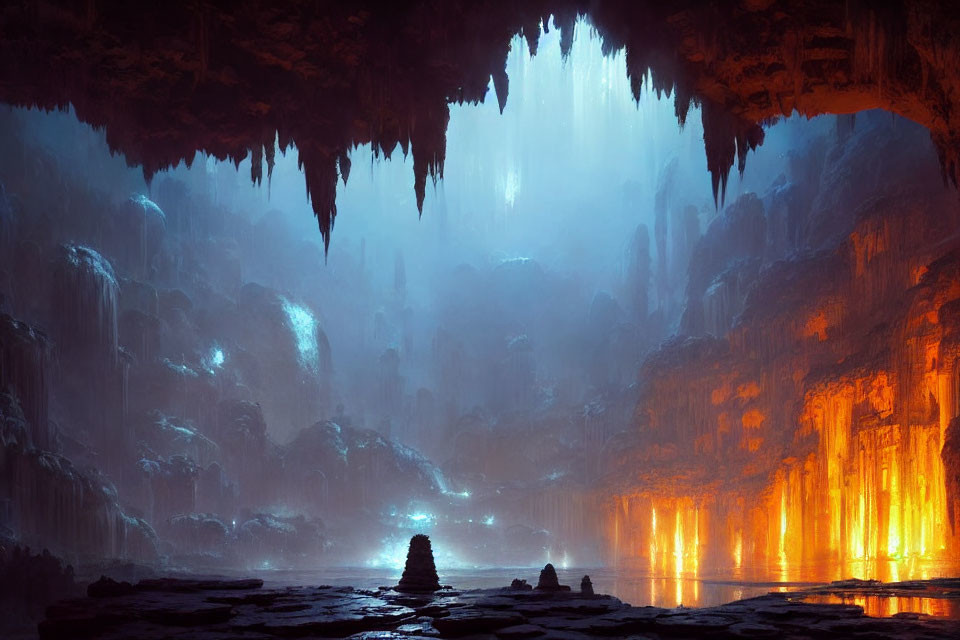 Subterranean cavern with glowing orange formations and waterfalls