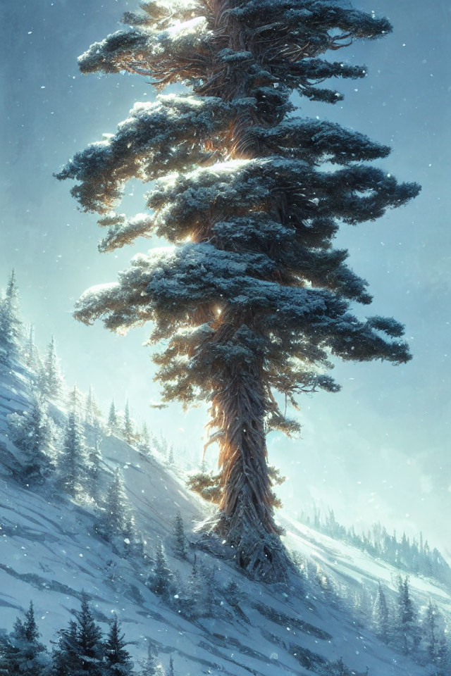 Snow-covered pine tree in wintery landscape with gentle snowfall