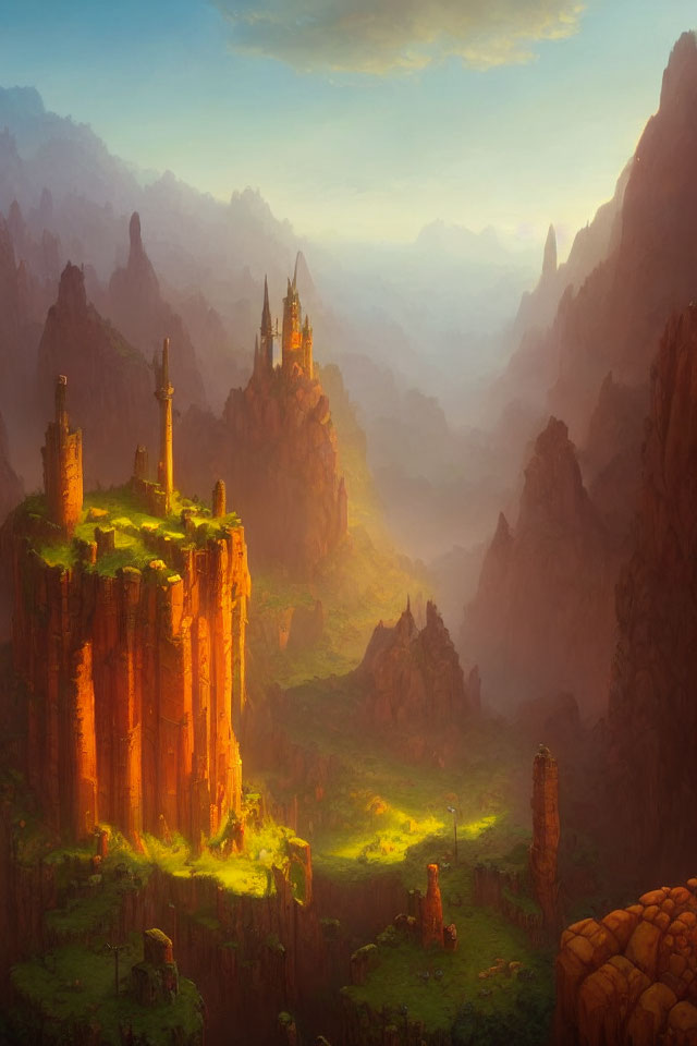 Mystical landscape with rocky pillars, ancient ruins, and golden castle in warm haze