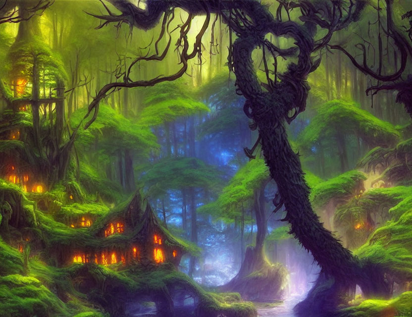 Mystical forest with twisted trees, lanterns, greenery, and misty ambiance