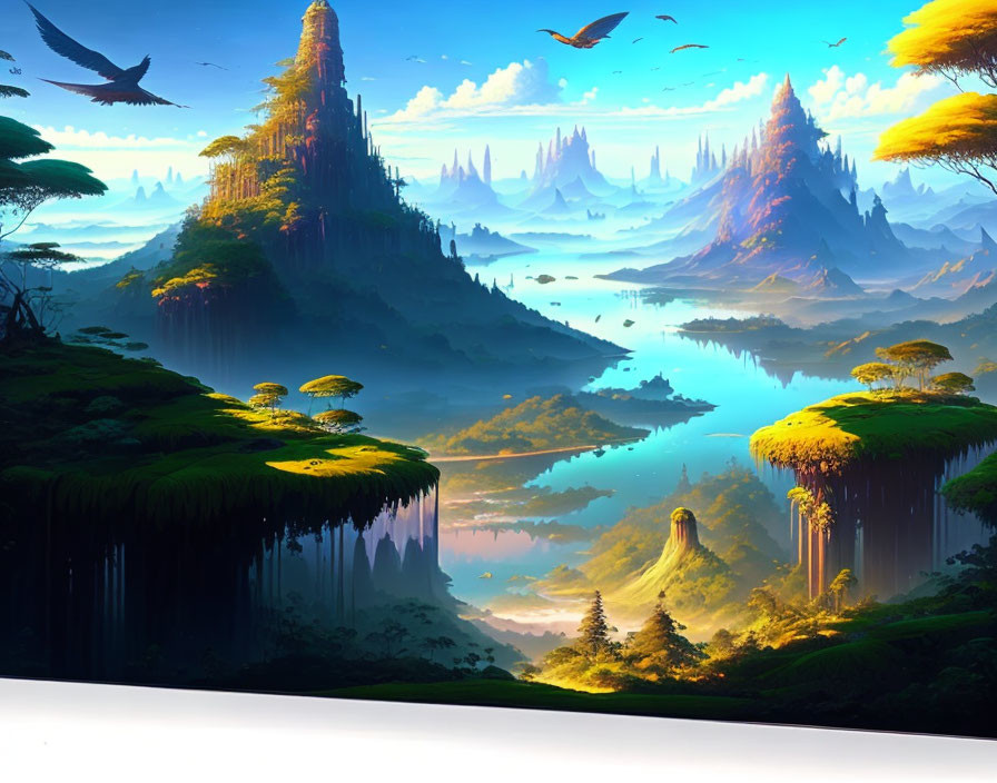 Fantastical landscape with lush greenery, towering peaks, reflective waters, and flying creatures