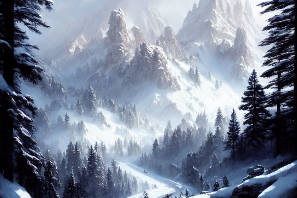 Majestic snow-covered mountain scene with pine trees and soft sunlight.