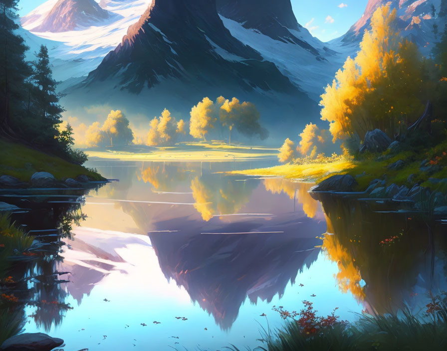 Scenic Mountain Lake with Autumn Trees and Peaks Reflections