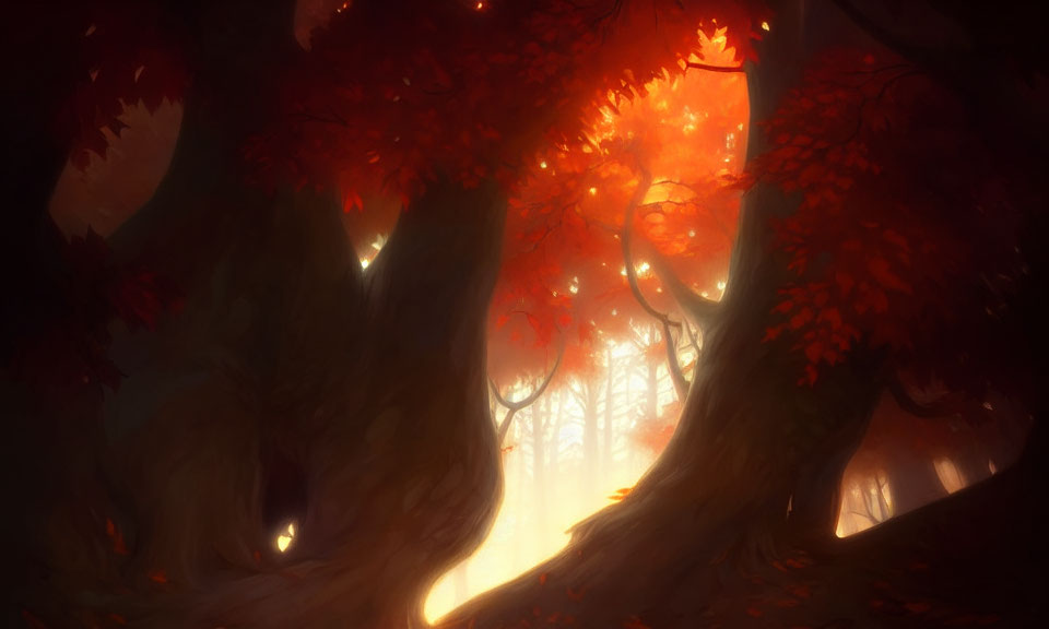 Golden sunlight illuminates vibrant autumn forest scene