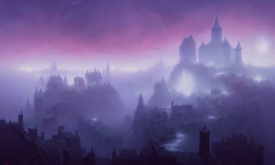 Gothic town with spire-topped buildings and castle in misty twilight