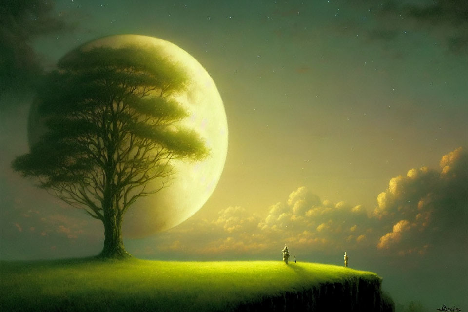 Surreal landscape with moon, tree, figures, grassy hill, stars, clouds