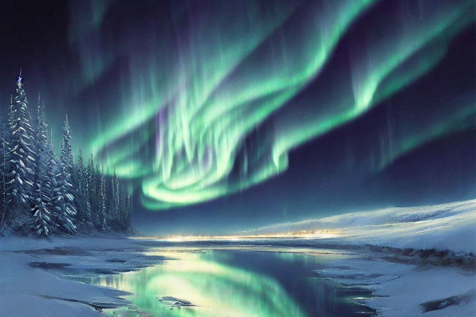 Snowy Night Landscape: Northern Lights Over Calm River