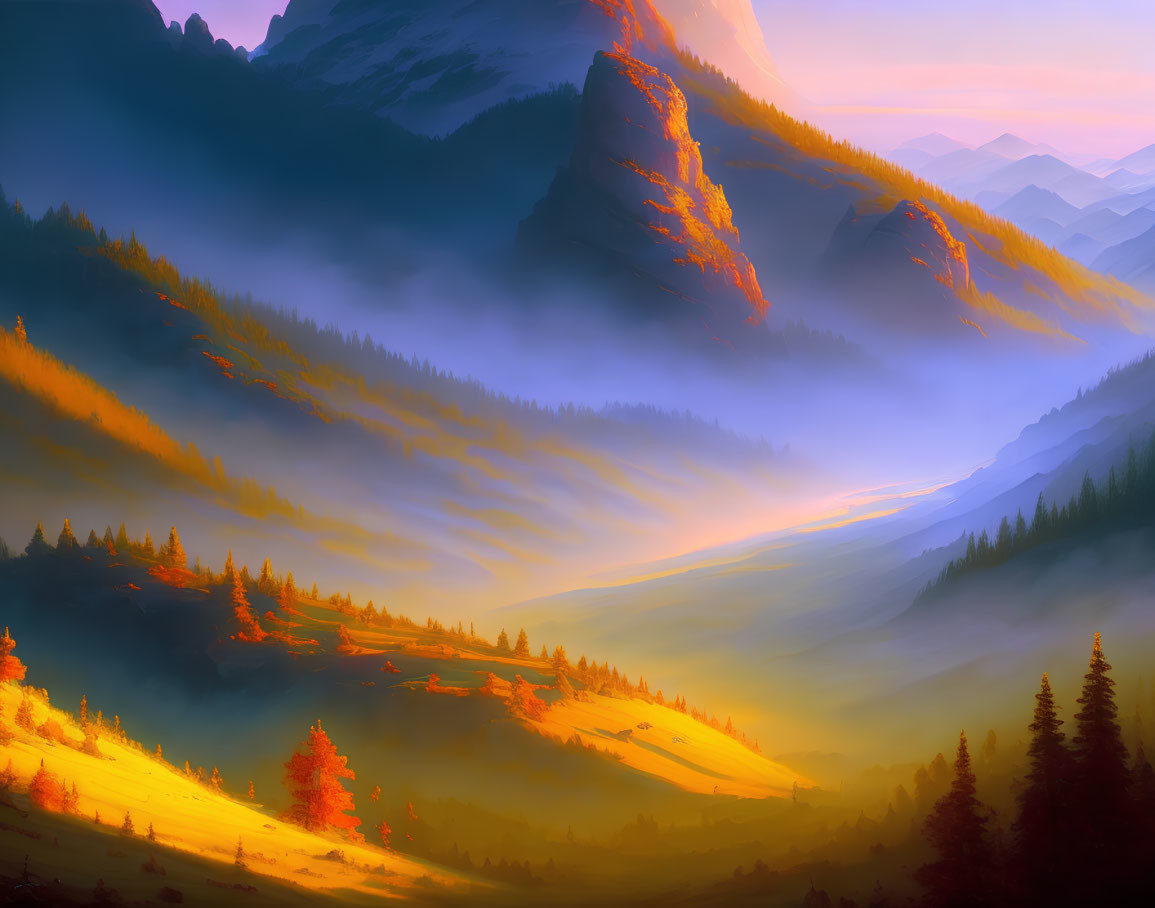 Scenic sunrise landscape with hills, mountain, forests, and valleys